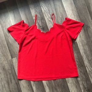 Red Off-Shoulder Top with Scallop Neckline